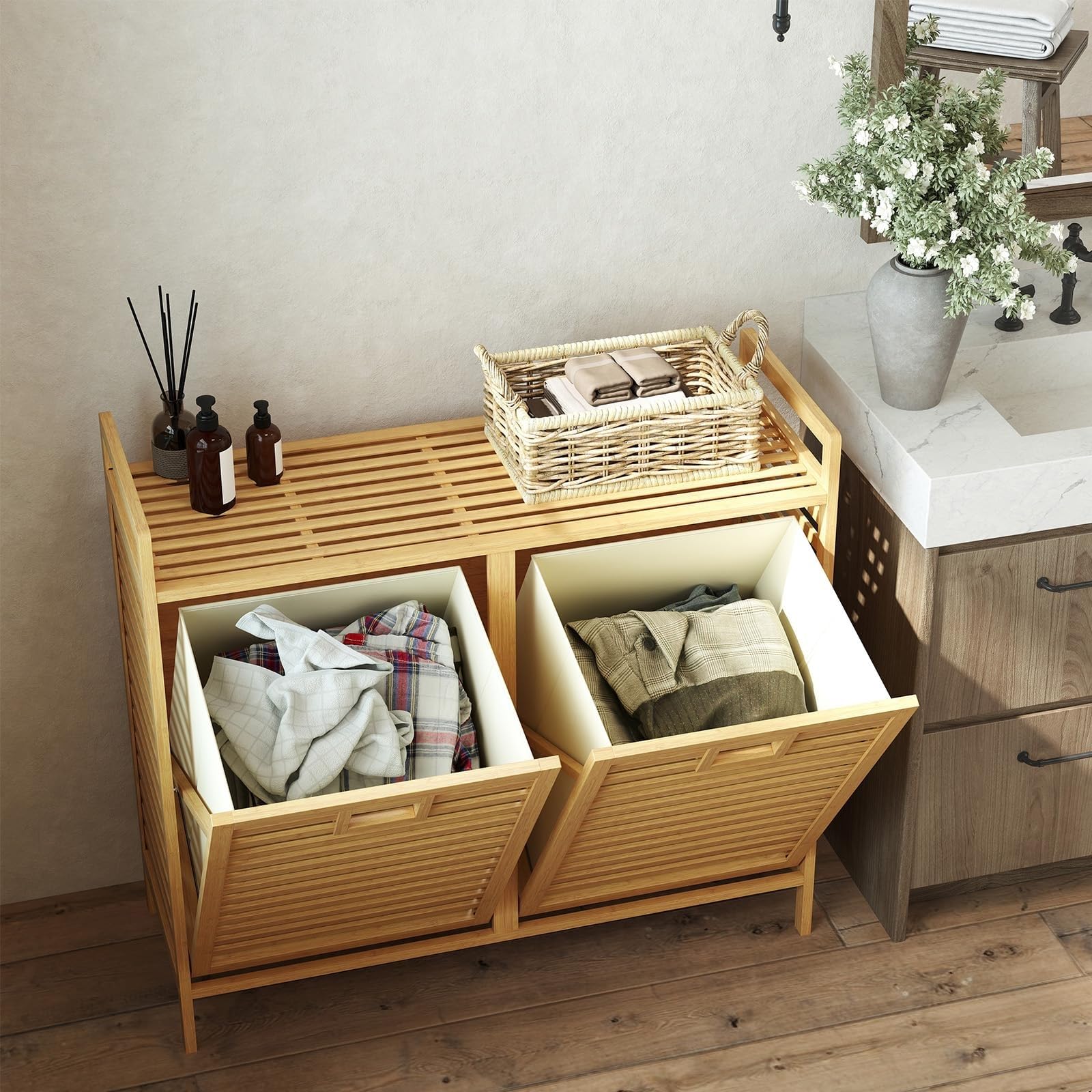 Bamboo Double Tilt-Out Laundry Hamper with Shelf