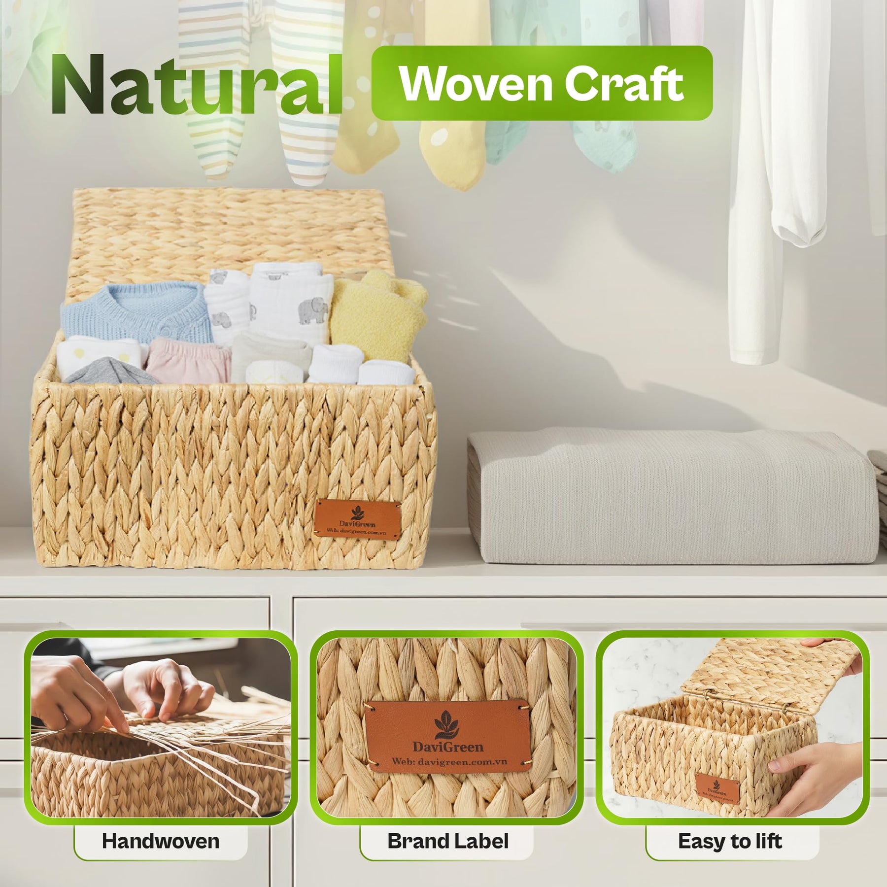 Woven Water Hyacinth Storage Baskets with Lids – 3 Piece Set