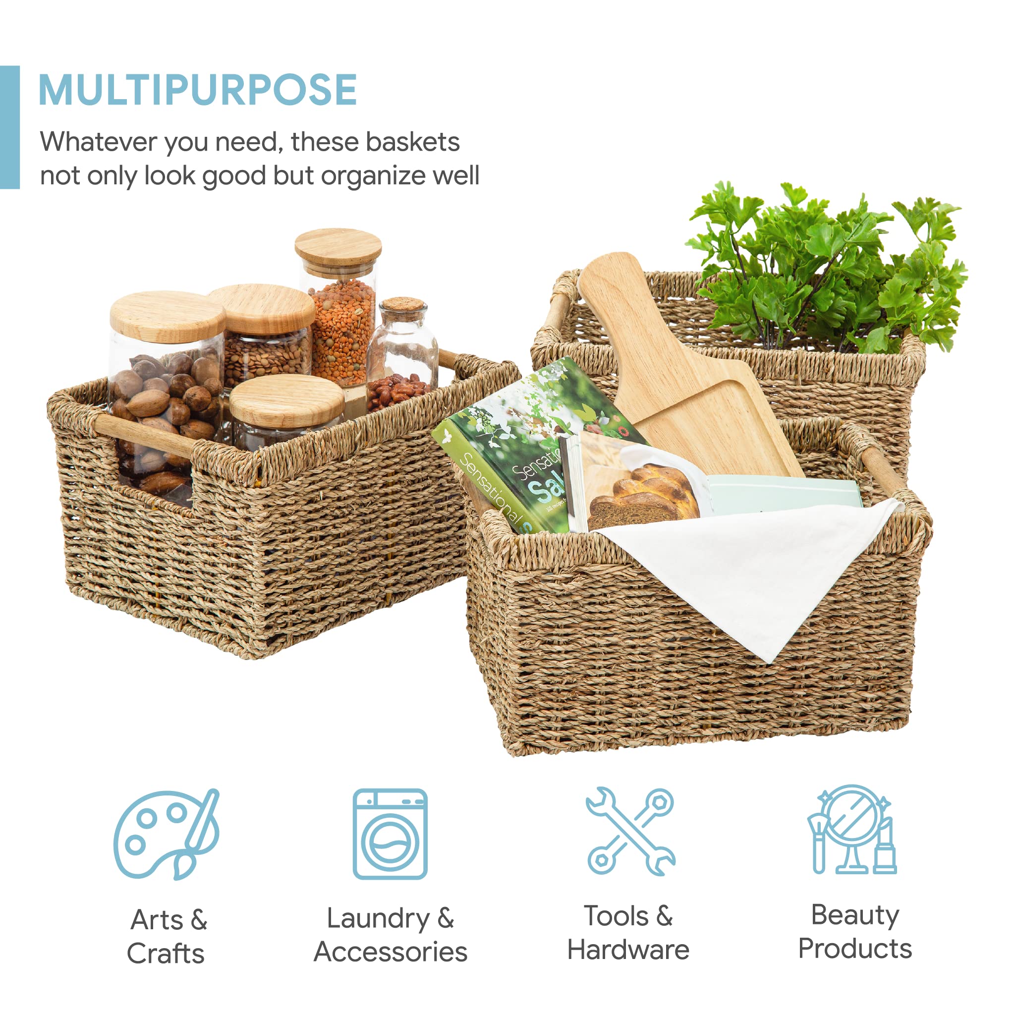 Woven Water Hyacinth Storage Basket with Wooden Handles