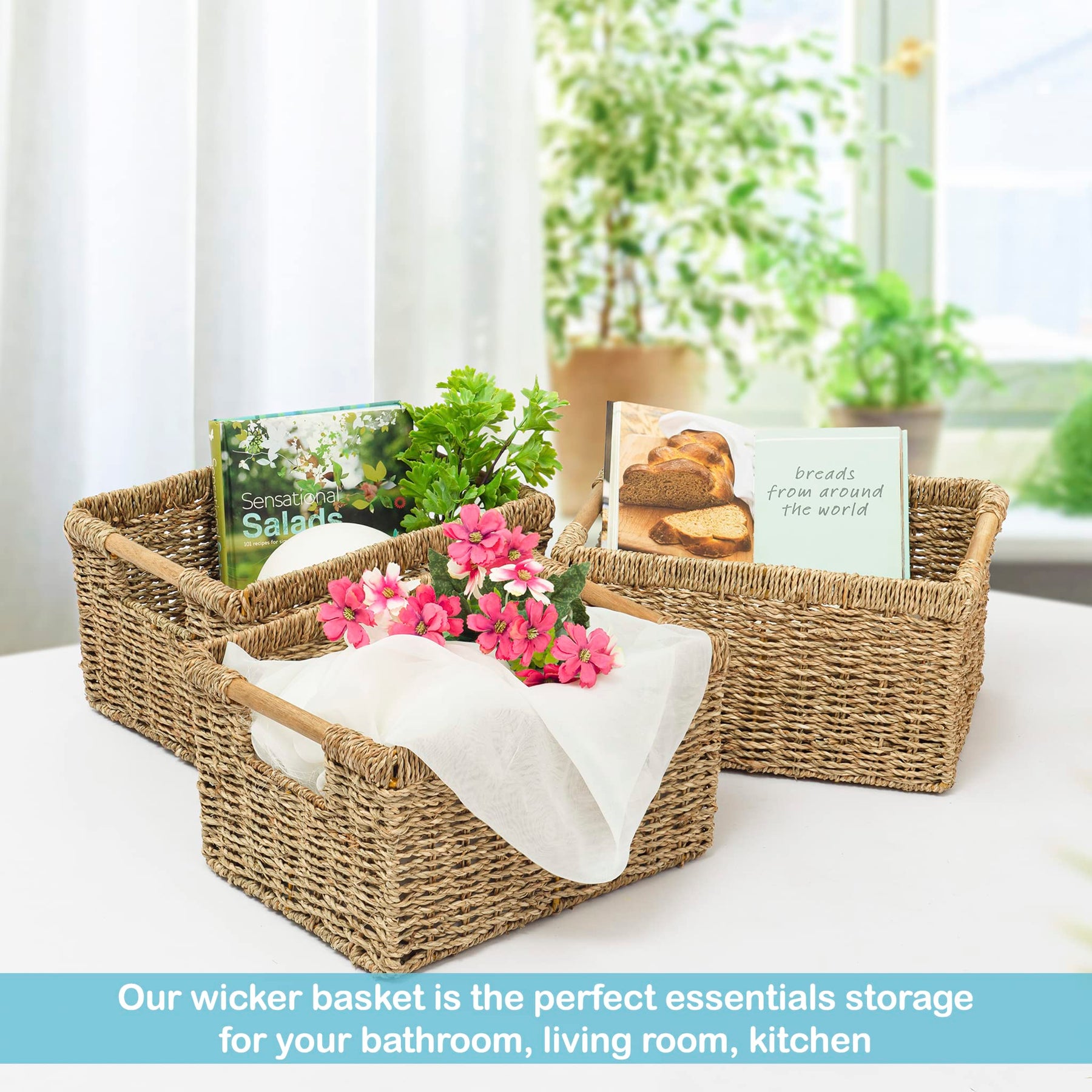 Woven Water Hyacinth Storage Basket with Wooden Handles