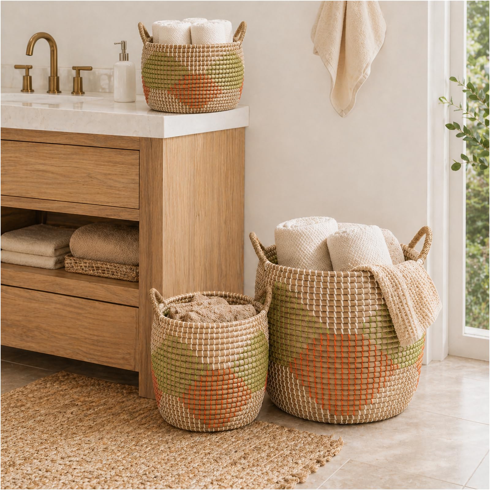 Handwoven Seagrass Storage Baskets with Handles – 3 Piece Set