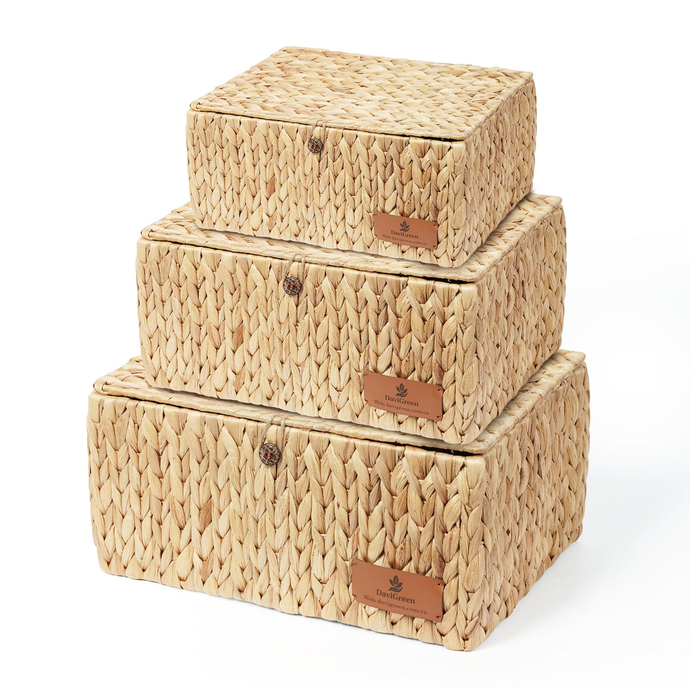 Woven Water Hyacinth Storage Baskets with Lids – 3 Piece Set