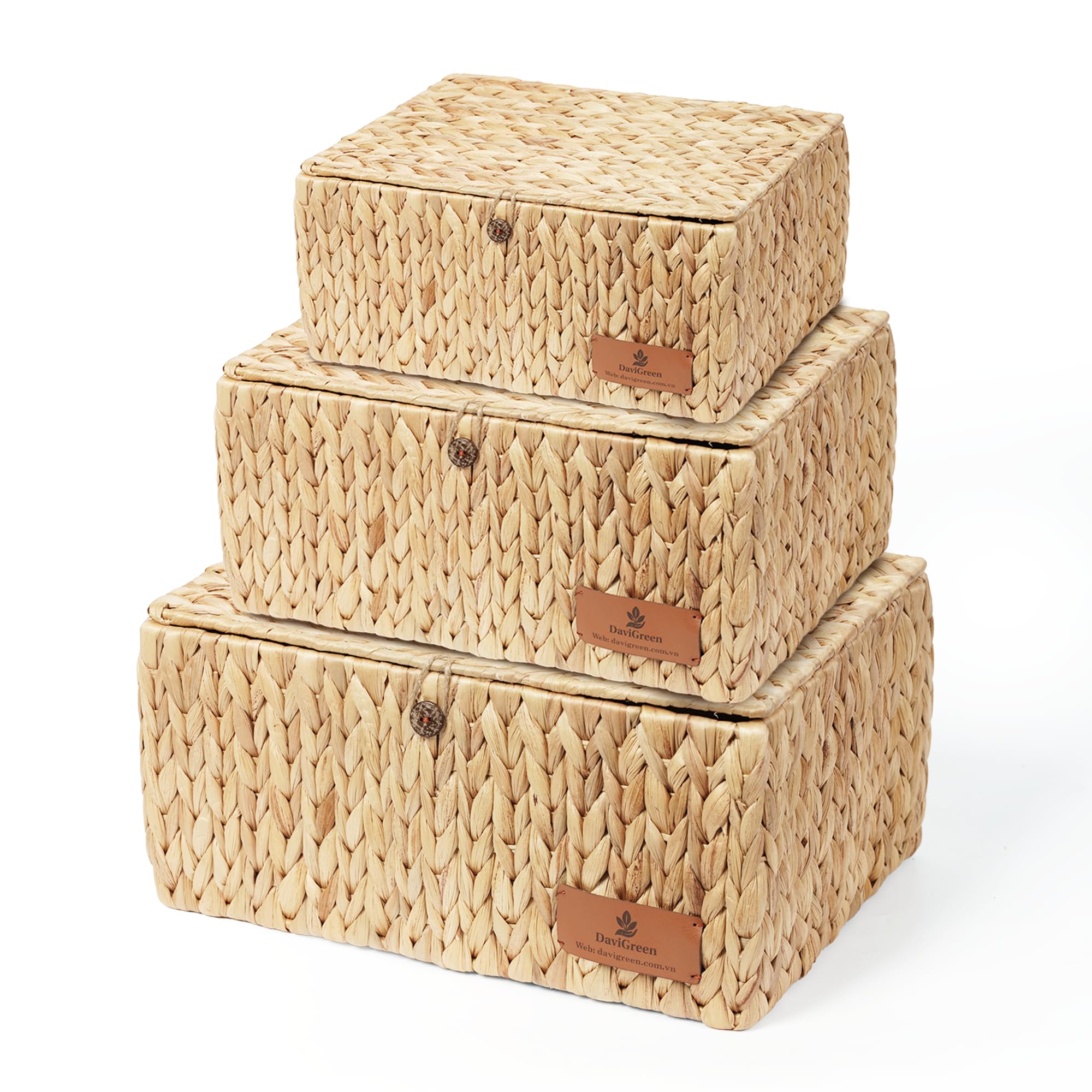 Woven Water Hyacinth Storage Baskets with Lids – 3 Piece Set