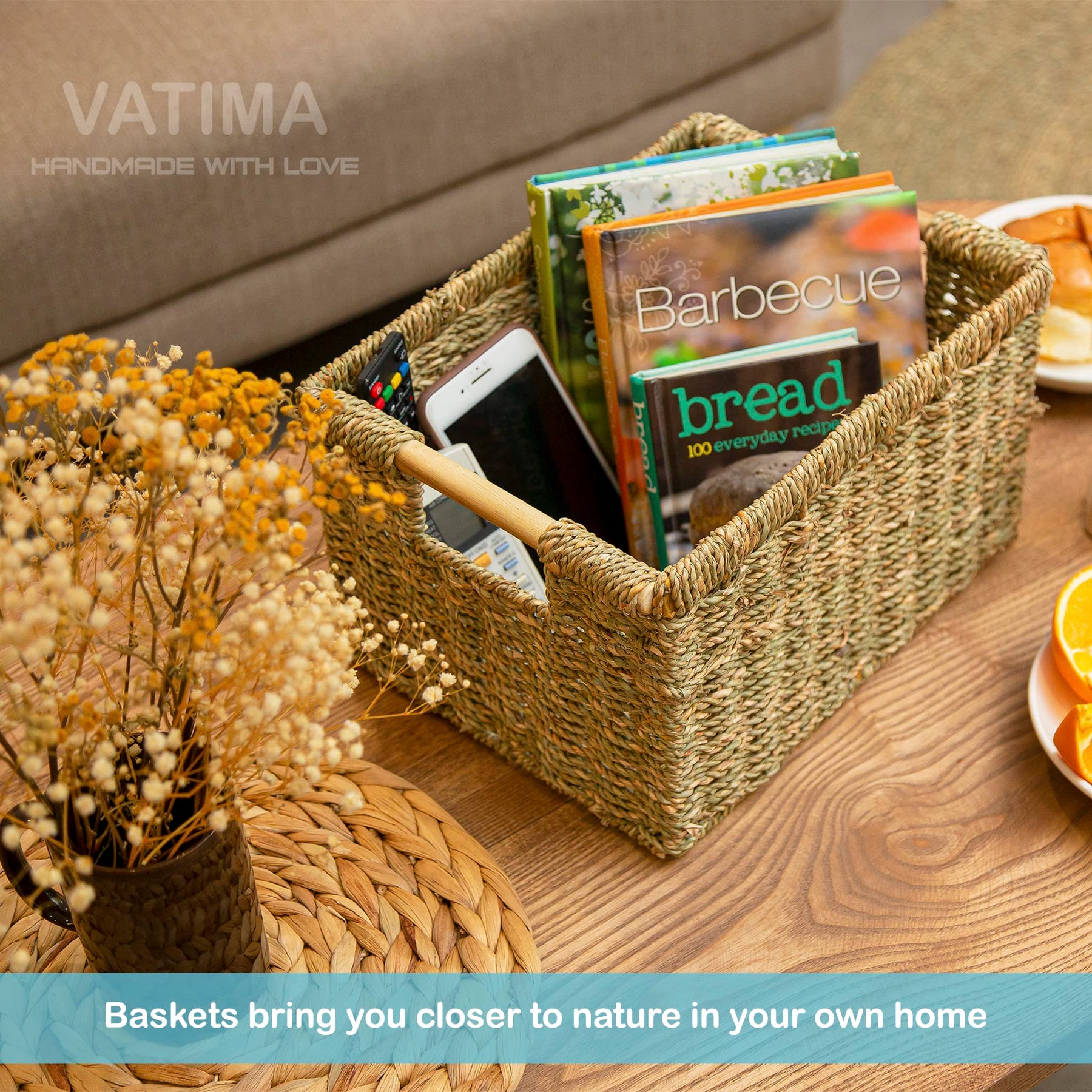 Woven Water Hyacinth Storage Basket with Wooden Handles