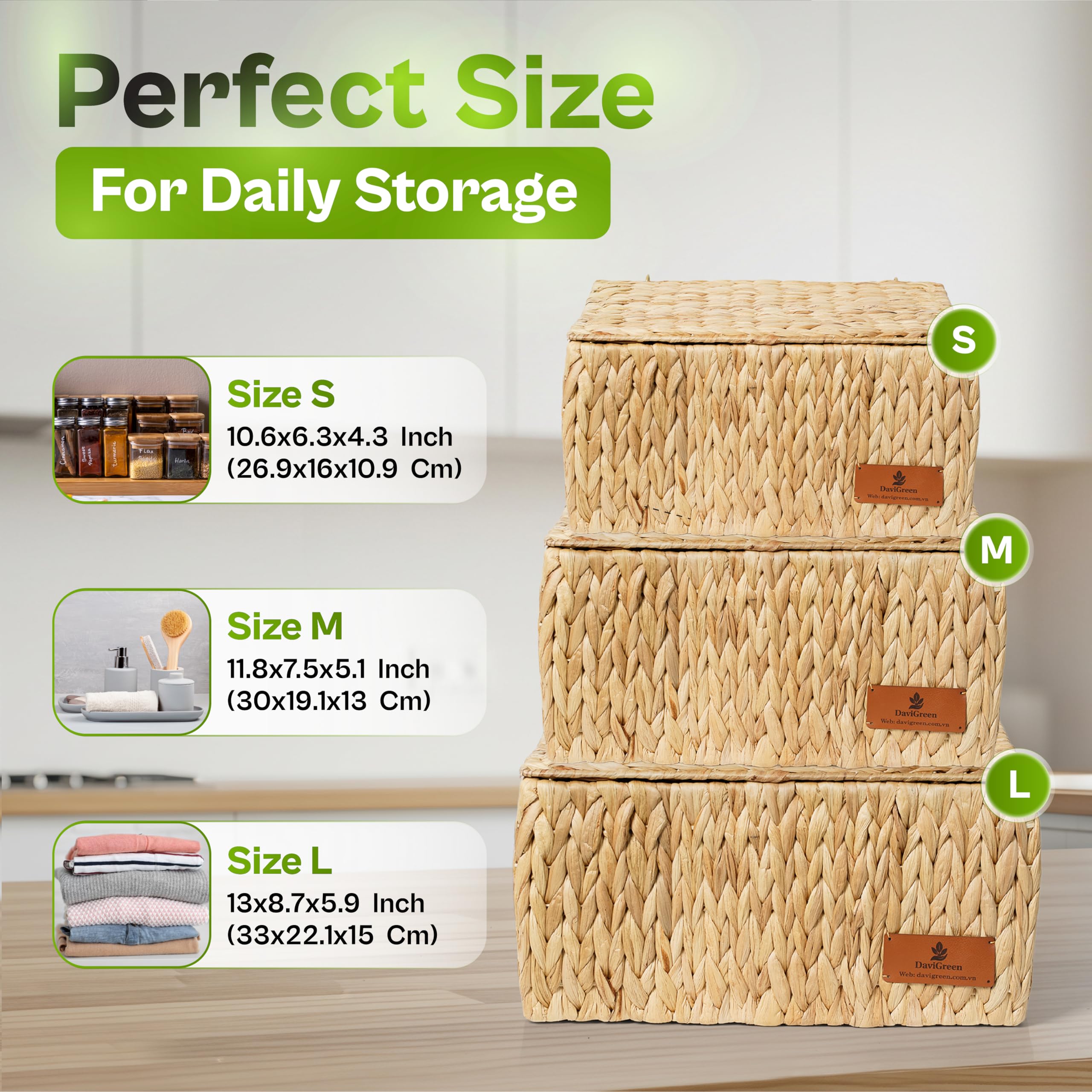 Woven Water Hyacinth Storage Baskets with Lids – 3 Piece Set