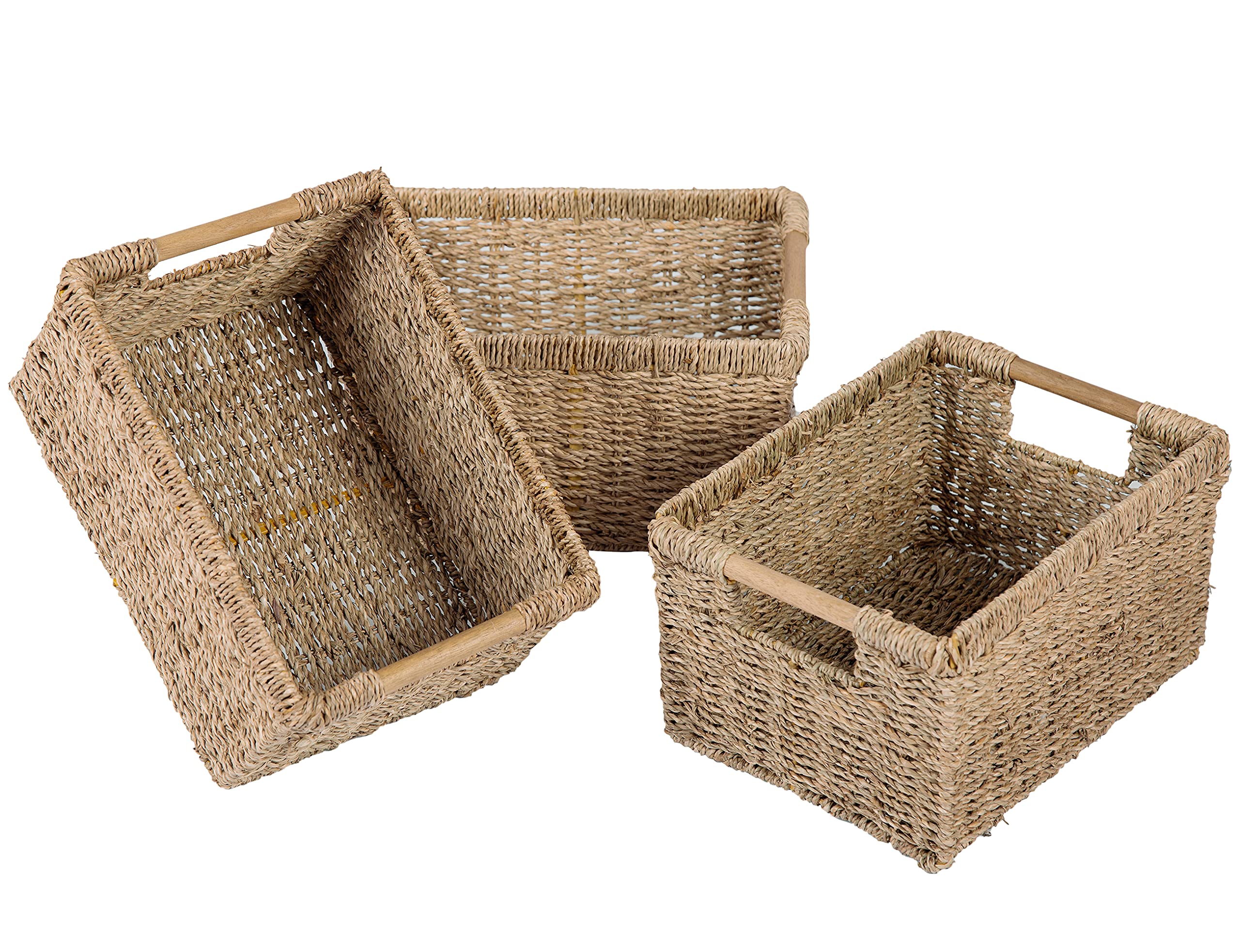 Woven Water Hyacinth Storage Basket with Wooden Handles