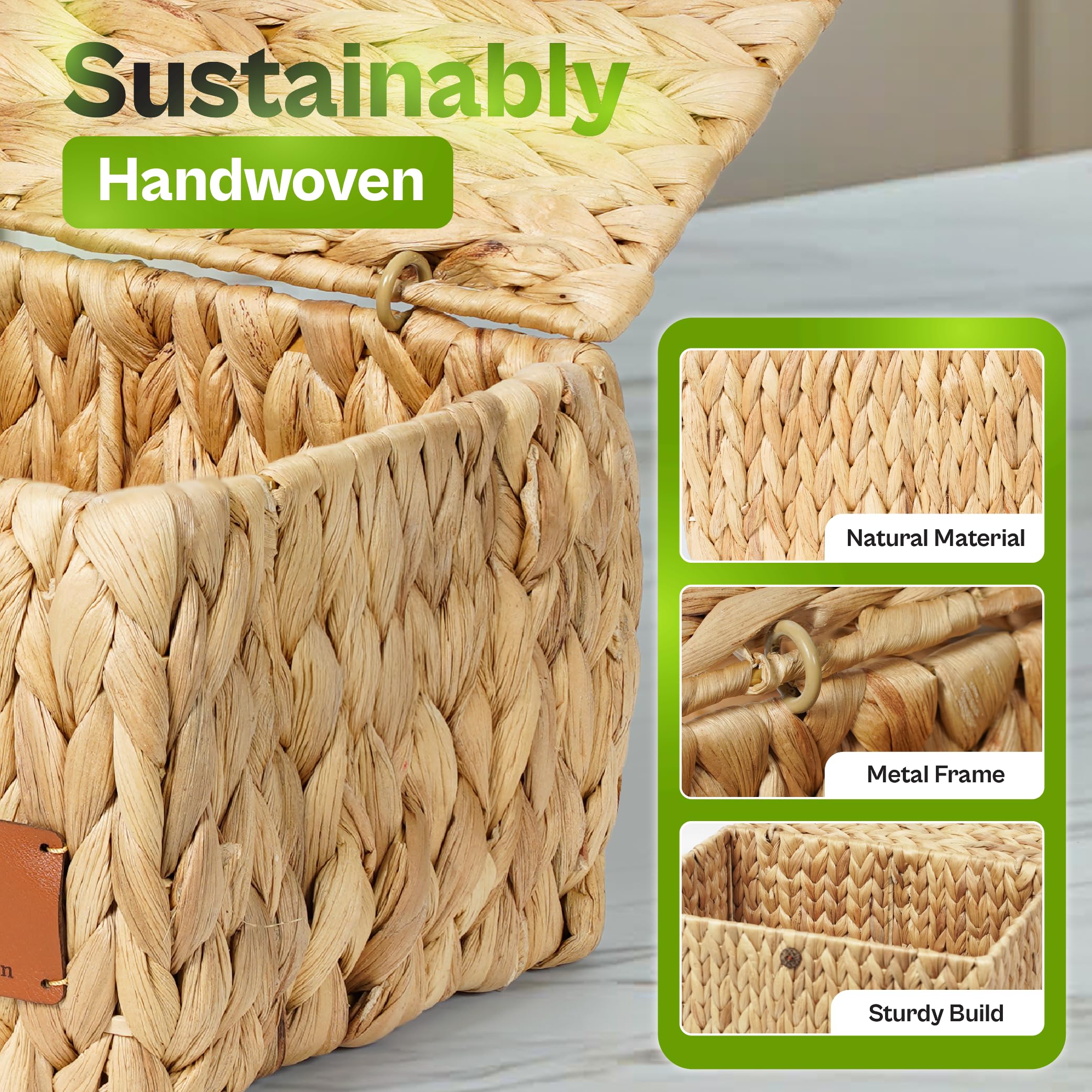 Woven Water Hyacinth Storage Baskets with Lids – 3 Piece Set