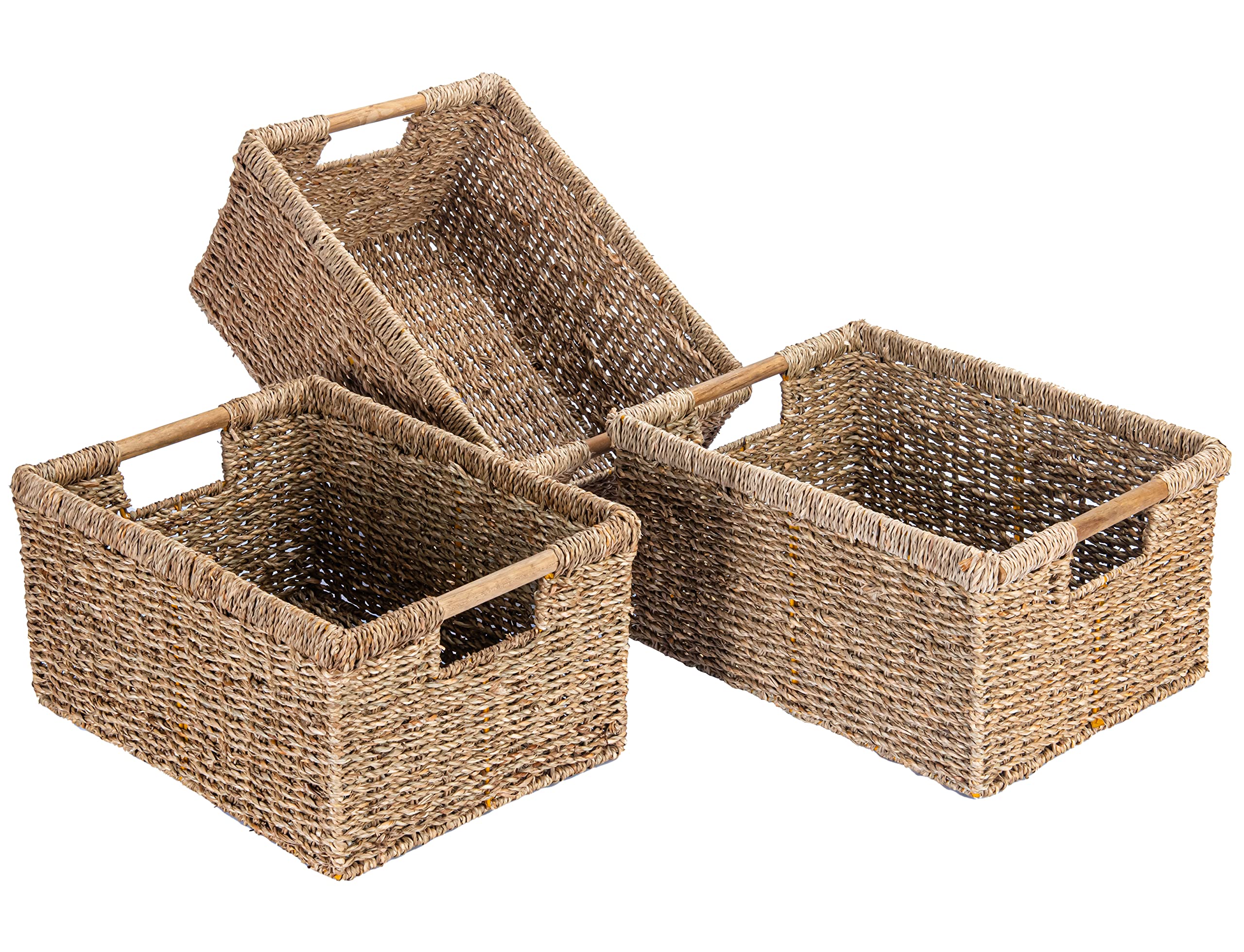 Woven Water Hyacinth Storage Basket with Wooden Handles